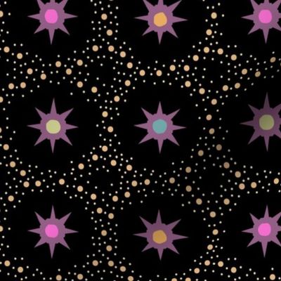 Otherworldly geometric stars and dots - purples and pinks on black - coordinate for Otherworldly Botanicals - medium