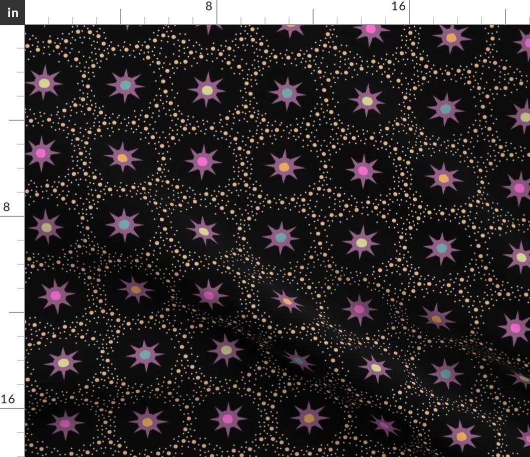 Otherworldly geometric stars and dots - purples and pinks on black - coordinate for Otherworldly Botanicals - medium