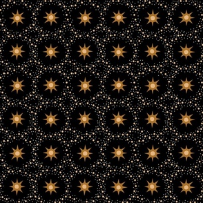 Otherworldly geometric stars and dots - ochre yellow on black-  coordinate for Otherworldly Botanicals - medium