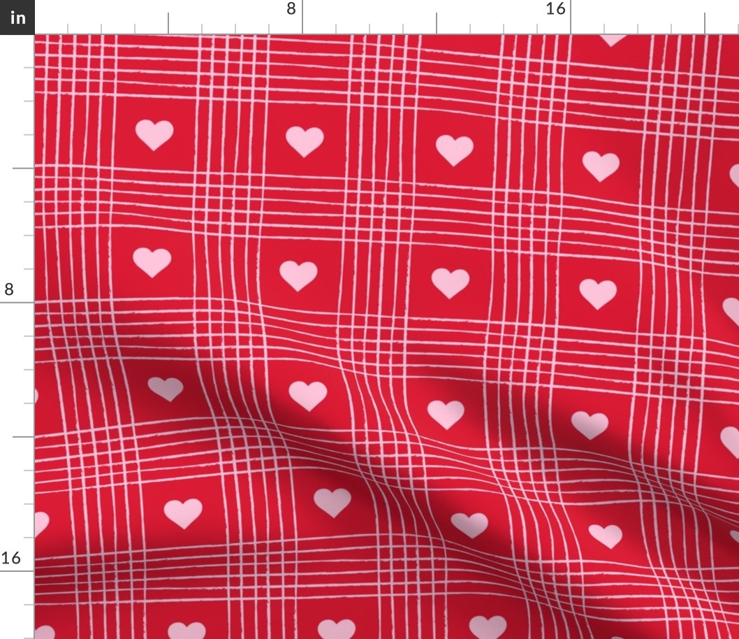 Valentine Heart Plaid Pink on Red - Large Scale