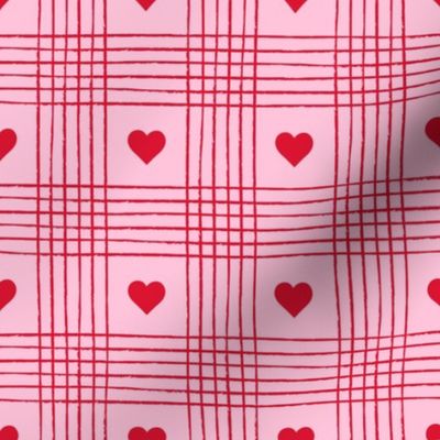 Valentine Heart Plaid Red on Pink Background - Medium Scale