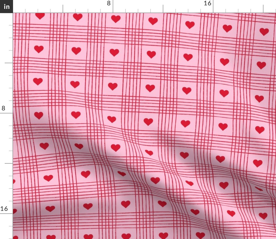 Valentine Heart Plaid Red on Pink Background - Medium Scale