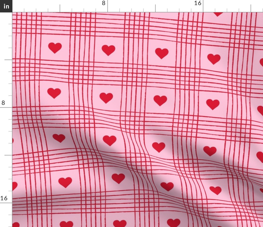 Valentine Heart Plaid Red on Pink Background - Large Scale