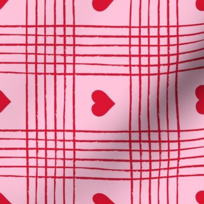 Valentine Heart Plaid Red on Pink Background Rotated - Large Scale