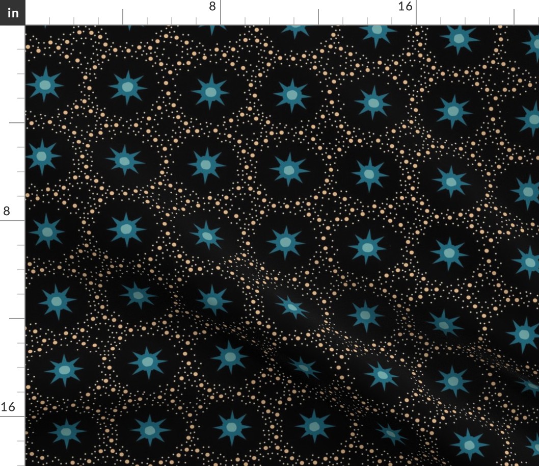 Otherworldly geometric stars and dots - blues on black - coordinate for Otherworldly Botanicals - medium