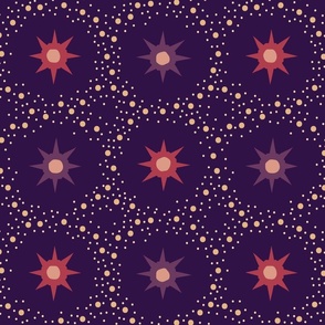 Otherworldly geometric stars and dots - red and purple on royal purple - coordinate for Otherworldly Botanicals - large