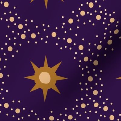 Otherworldly geometric stars and dots - ochre yellow on royal purple - coordinate for Otherworldly Botanicals - large