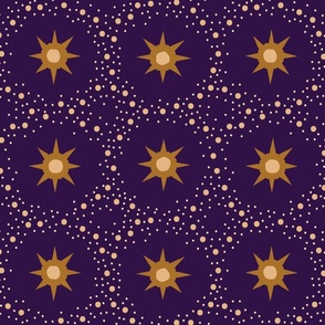 Otherworldly geometric stars and dots - ochre yellow on royal purple - coordinate for Otherworldly Botanicals - large