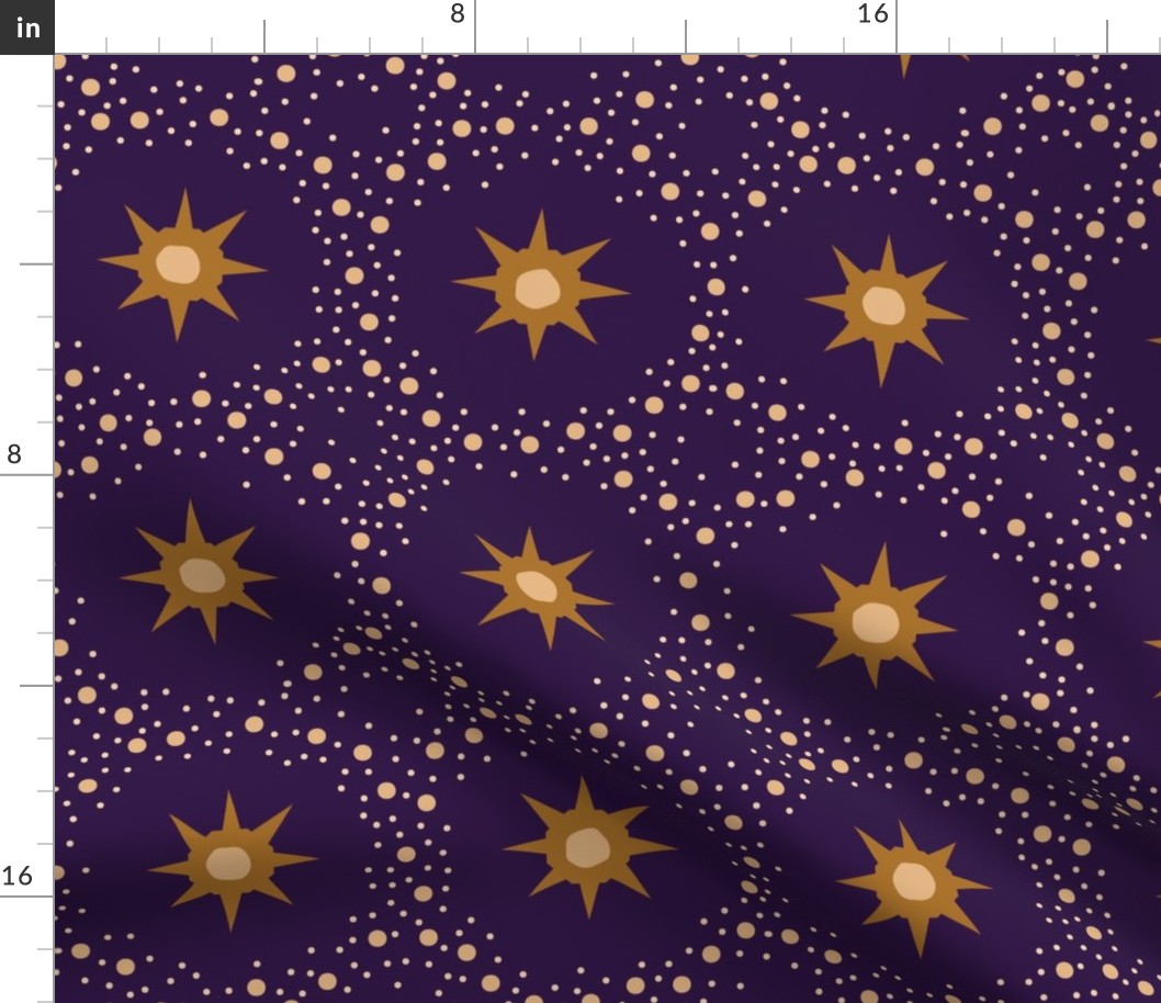 Otherworldly geometric stars and dots - ochre yellow on royal purple - coordinate for Otherworldly Botanicals - large