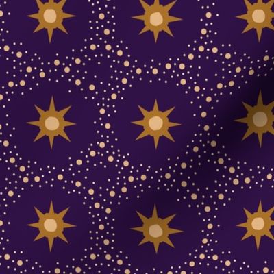 Otherworldly geometric stars and dots - ochre yellow on royal purple- coordinate for Otherworldly Botanicals - medium