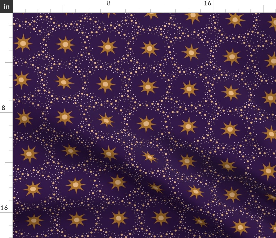 Otherworldly geometric stars and dots - ochre yellow on royal purple- coordinate for Otherworldly Botanicals - medium