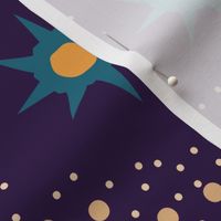 Otherworldly geometric stars and dots - purple, red, teal, and ochre on royal purple - coordinate for Otherworldly Botanicals - large