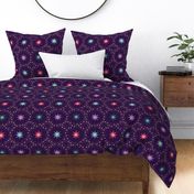 Otherworldly geometric stars and dots - purple, red, teal, and ochre on royal purple - coordinate for Otherworldly Botanicals - large