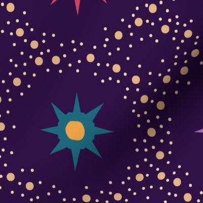 Otherworldly geometric stars and dots - purple, red, teal, and ochre on royal purple - coordinate for Otherworldly Botanicals - large