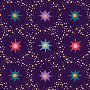 Otherworldly geometric stars and dots - purple, red, teal, and ochre on royal purple - coordinate for Otherworldly Botanicals - large