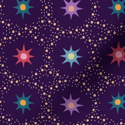 Otherworldly geometric stars and dots - purple, red, teal, and ochre on royal purple - coordinate for Otherworldly Botanicals - medium