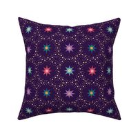 Otherworldly geometric stars and dots - purple, red, teal, and ochre on royal purple - coordinate for Otherworldly Botanicals - medium
