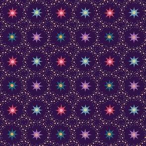 Otherworldly geometric stars and dots - purple, red, teal, and ochre on royal purple - coordinate for Otherworldly Botanicals - medium