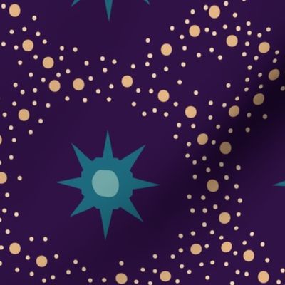 Otherworldly geometric stars and dots - blues on royal purple - coordinate for Otherworldly Botanicals - large