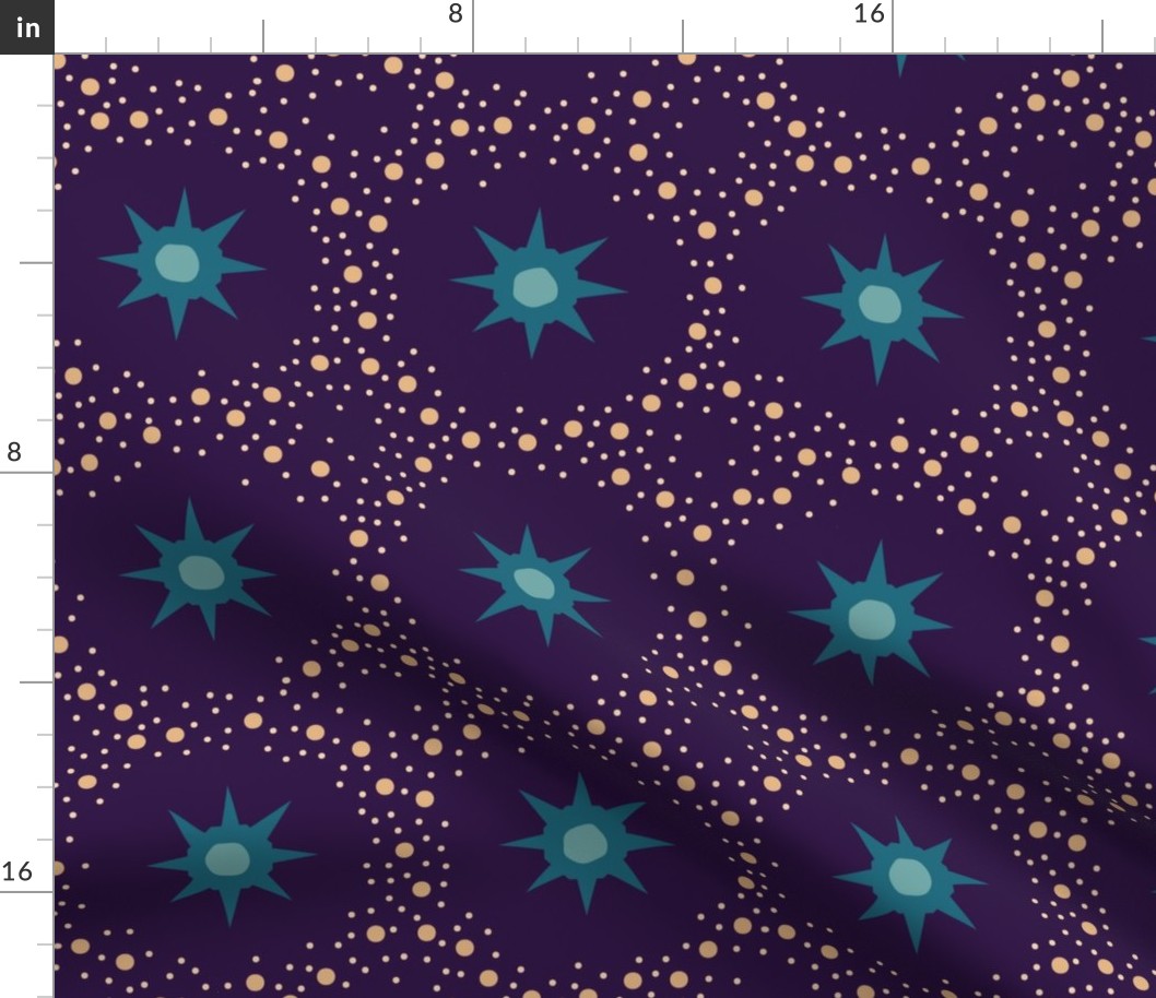 Otherworldly geometric stars and dots - blues on royal purple - coordinate for Otherworldly Botanicals - large