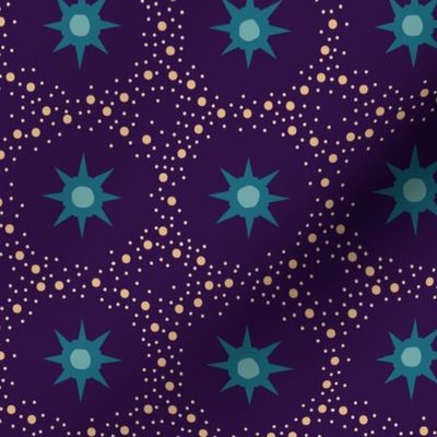 Otherworldly geometric stars and dots - blues on royal purple - coordinate for Otherworldly Botanicals - medium