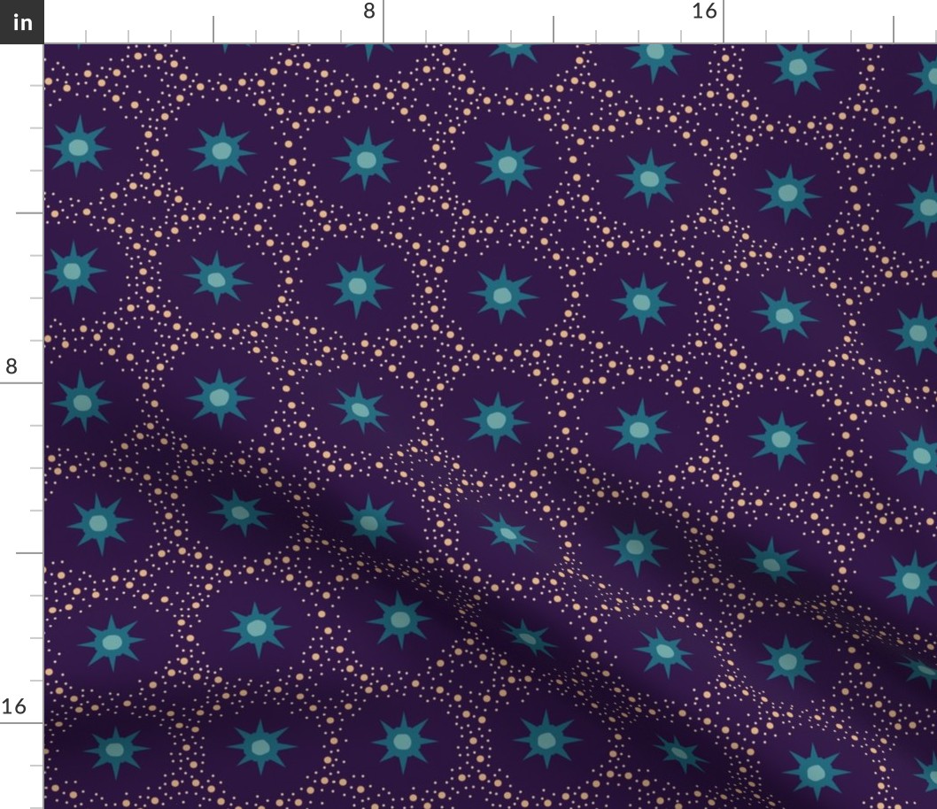 Otherworldly geometric stars and dots - blues on royal purple - coordinate for Otherworldly Botanicals - medium