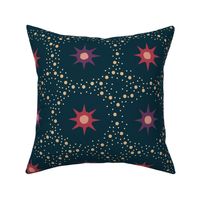 Otherworldly geometric stars and dots - red and purple on dark teal - coordinate for Otherworldly Botanicals - large