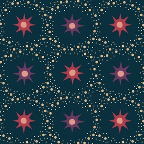 Otherworldly geometric stars and dots - red and purple on dark teal - coordinate for Otherworldly Botanicals - large