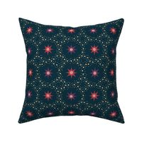Otherworldly geometric stars and dots - red and purple on dark teal - coordinate for Otherworldly Botanicals - medium