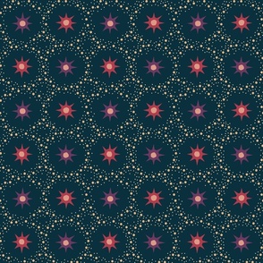 Otherworldly geometric stars and dots - red and purple on dark teal - coordinate for Otherworldly Botanicals - medium