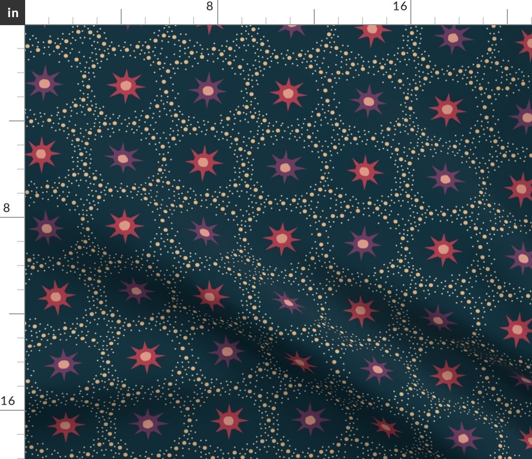 Otherworldly geometric stars and dots - red and purple on dark teal - coordinate for Otherworldly Botanicals - medium