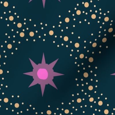 Otherworldly geometric stars and dots - purple and pink on dark teal - coordinate for Otherworldly Botanicals - large