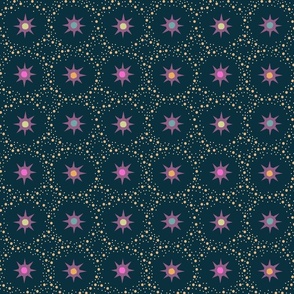 Otherworldly geometric stars and dots - purple and pink on dark teal - coordinate for Otherworldly Botanicals - medium