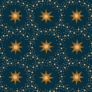 Otherworldly geometric stars and dots - ochre, yellow on dark teal - coordinate for Otherworldly Botanicals - large