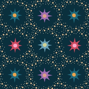 Otherworldly geometric stars and dots - red, purple and teal on dark teal - coordinate for Otherworldly Botanicals - large