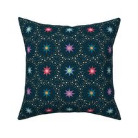 Otherworldly geometric stars and dots - red, purple and teal on dark teal - coordinate for Otherworldly Botanicals - large