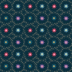 Otherworldly geometric stars and dots - red, purple and teal on dark teal - coordinate for Otherworldly Botanicals - large