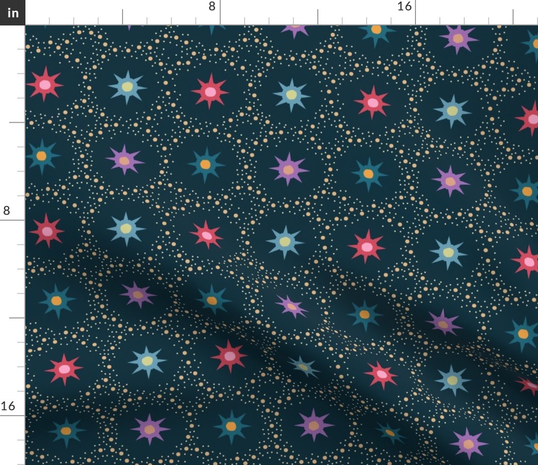 Otherworldly geometric stars and dots - red, purple and teal on dark teal - coordinate for Otherworldly Botanicals - large
