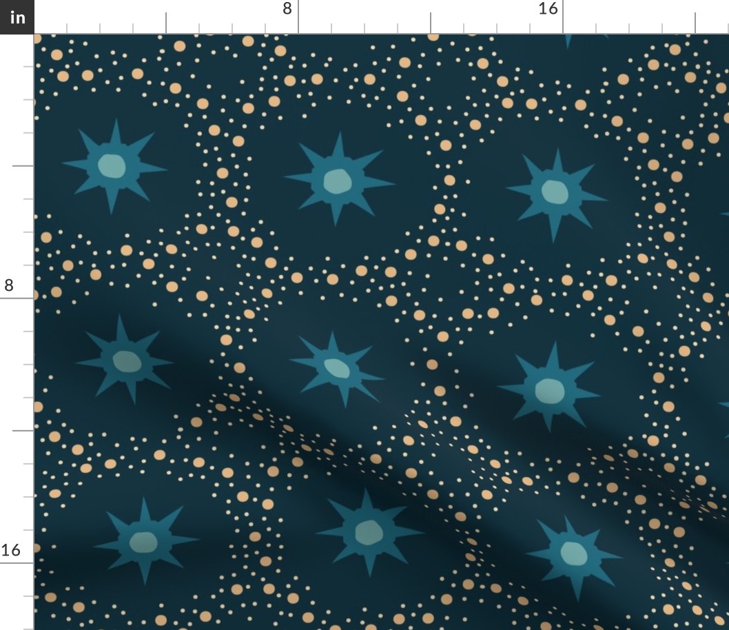 Otherworldly geometric stars and dots - blues on dark teal - coordinate for Otherworldly Botanicals - large