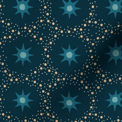 Otherworldly geometric stars and dots - blues on dark teal - coordinate for Otherworldly Botanicals - medium
