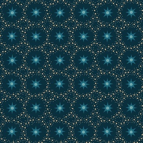 Otherworldly geometric stars and dots - blues on dark teal - coordinate for Otherworldly Botanicals - medium