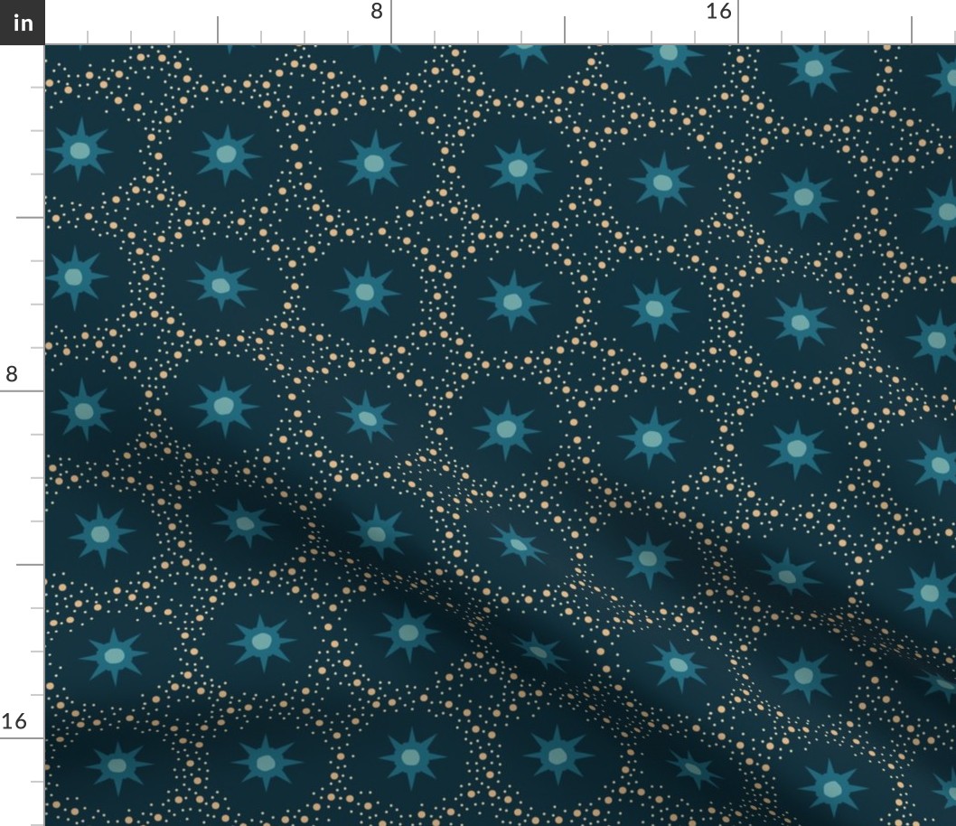 Otherworldly geometric stars and dots - blues on dark teal - coordinate for Otherworldly Botanicals - medium