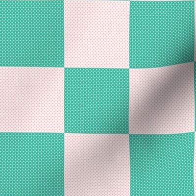 Medium Cross Stitch Green and White Checkerboard on Pink