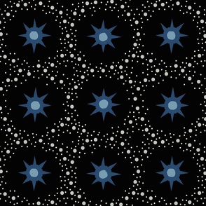 Otherworldly geometric stars and dots - Blue- and cream on black - coordinate for Otherworldly Botanicals - large
