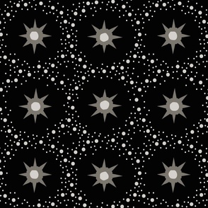 Otherworldly geometric stars and dots - Selenium grey, monochrome on black - coordinate for Otherworldly Botanicals - large