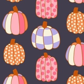 Medium Retro Halloween Painted and Patterned Pumpkins on Charcoal Black