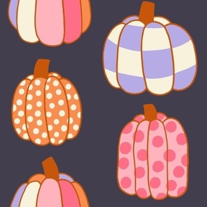 Large Retro Halloween Painted and Patterned Pumpkins on Charcoal Black