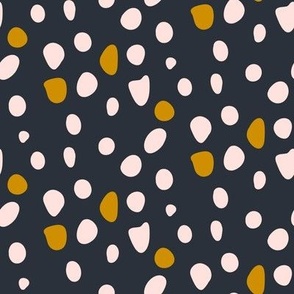 Blush Pink and Mustard Yellow Dots on Dark Navy Blue Background