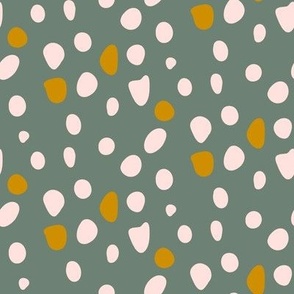 Blush Pink and Mustard Yellow Dots on Sage Green Background