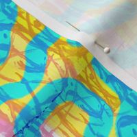 Abstract Acrylic Paint Marks and Swirls in Blue Yellow Pink 